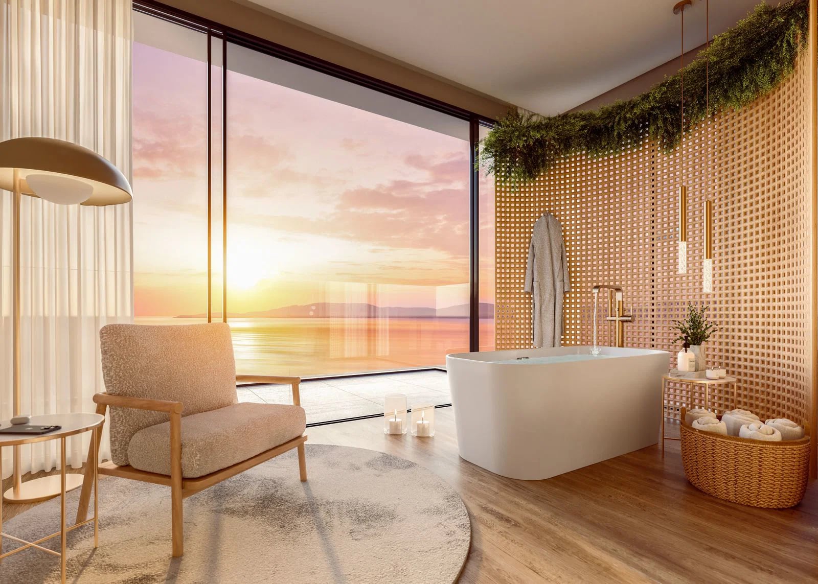 Suíte master duplex do Sunny Coast, com banheira e vista para o mar