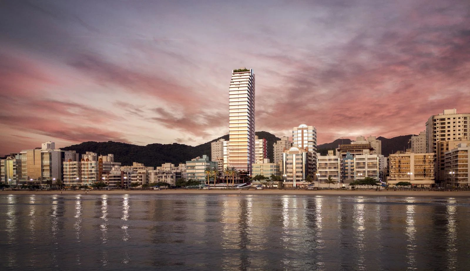 Skyline de Itapema ao entardecer, com a torre do Sunny Coast se destacando frente-mar